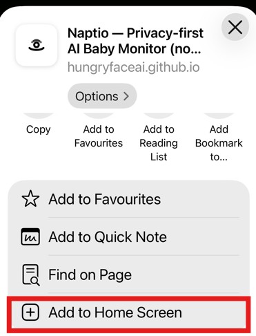 iPhone Share sheet showing the Add to Home Screen option for Naptio highlighted
