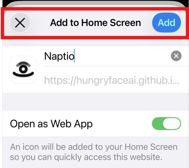 Confirmation screen showing Naptio being added to the Home Screen
