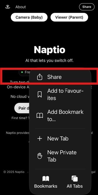 Safari showing the Share icon ready to be tapped