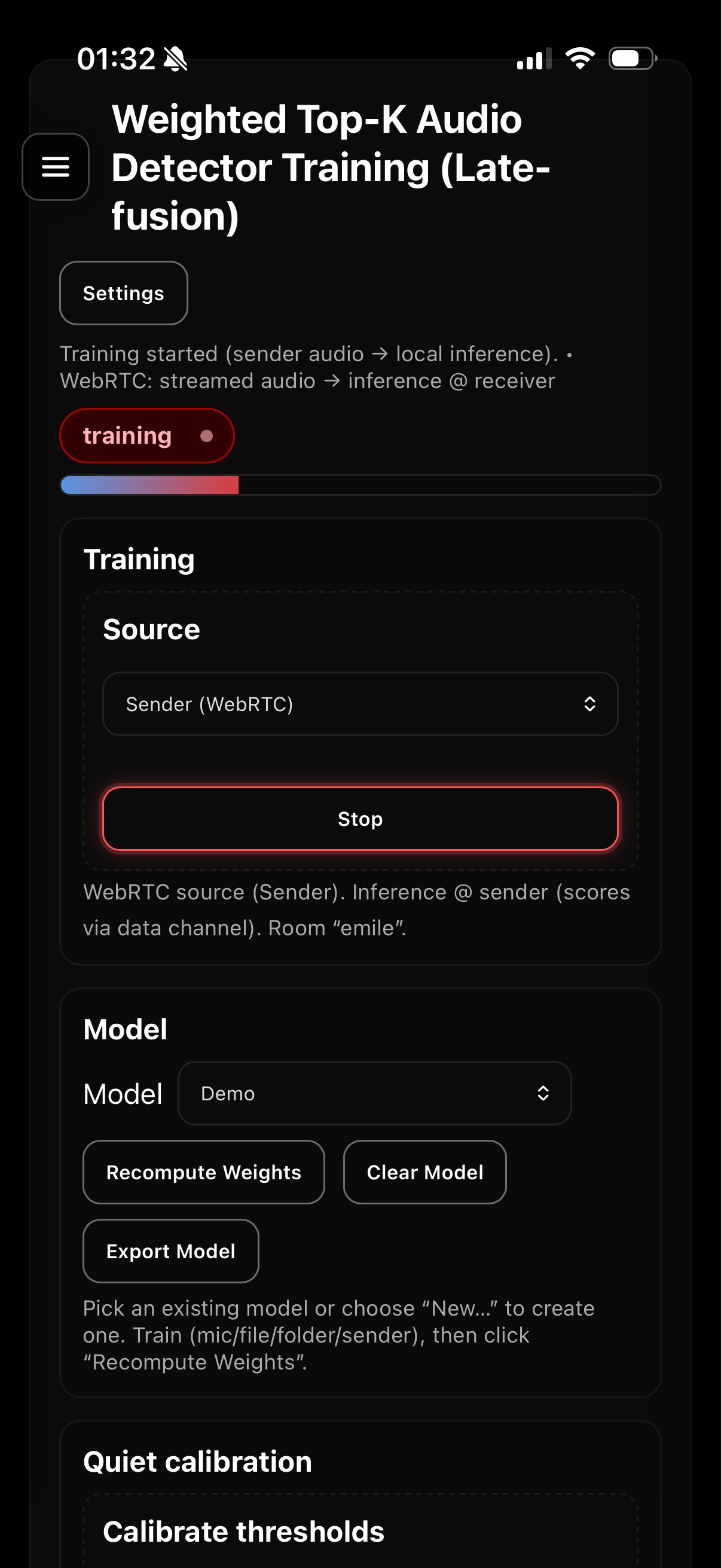 Audio training screen